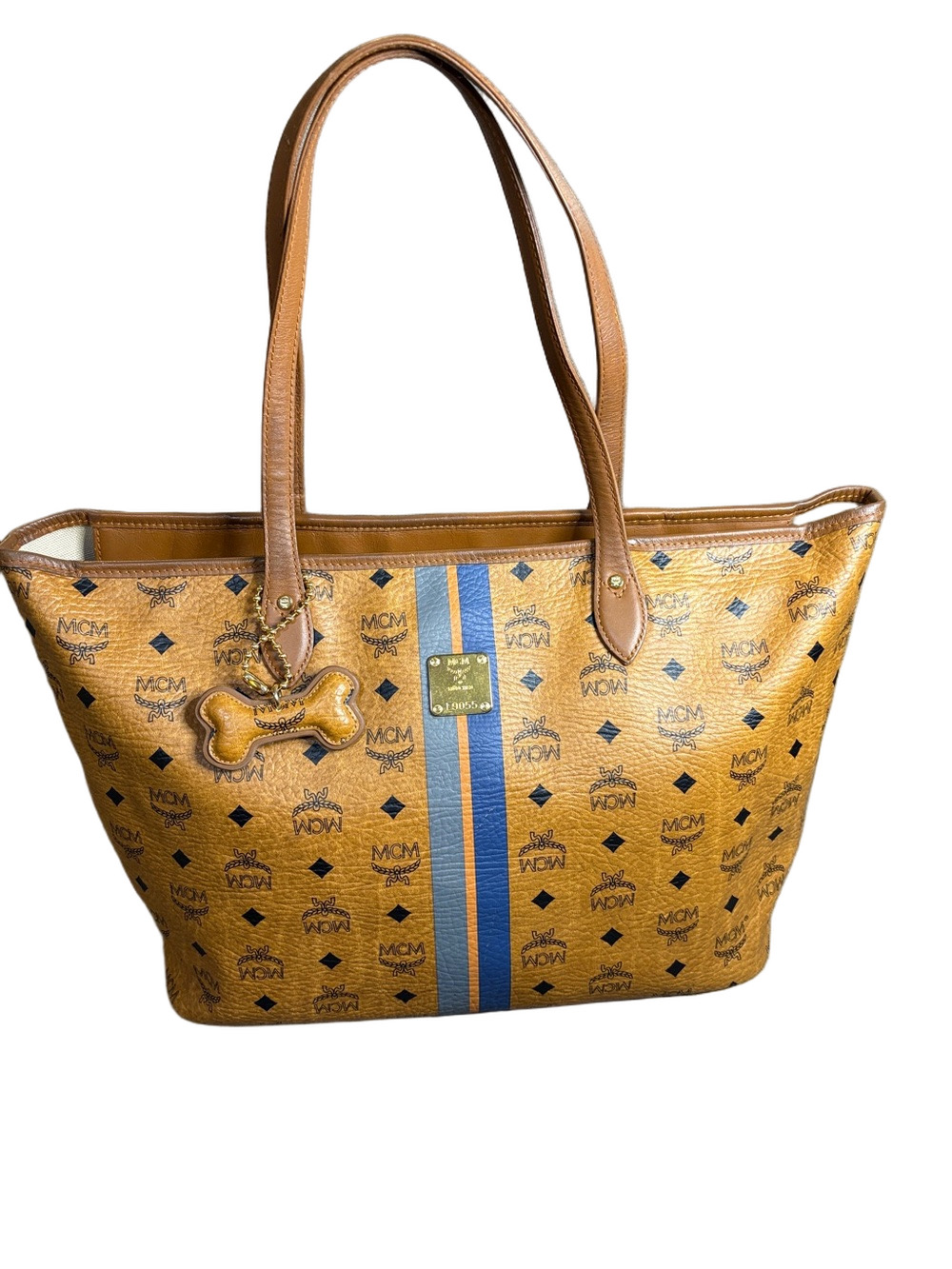MCM Cognac Visetos Stripe Shopper Tote with Dog Bone Charm & COA